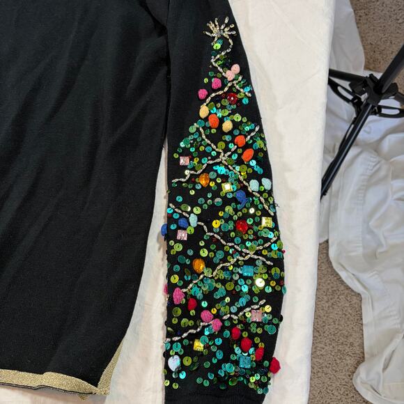 Quacker Factory Womens V neck black sweater. M. Sequin christmas tree sleeves - Picture 2 of 7